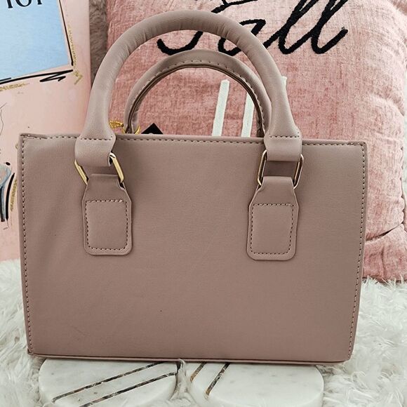 BEBE Zaza Small Top Handle Crossbody Beige Crystal Logo - Picture 2 of 4